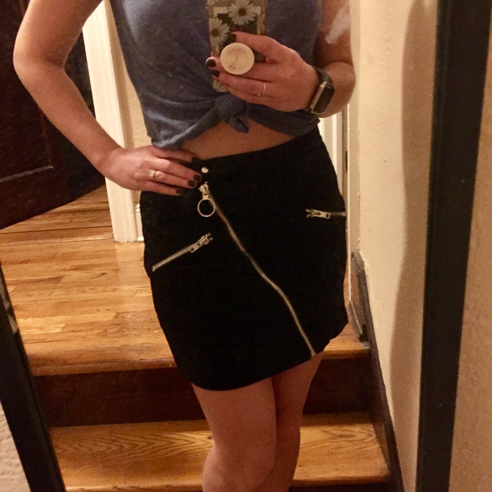 Black velvet miniskirt with zipper accents